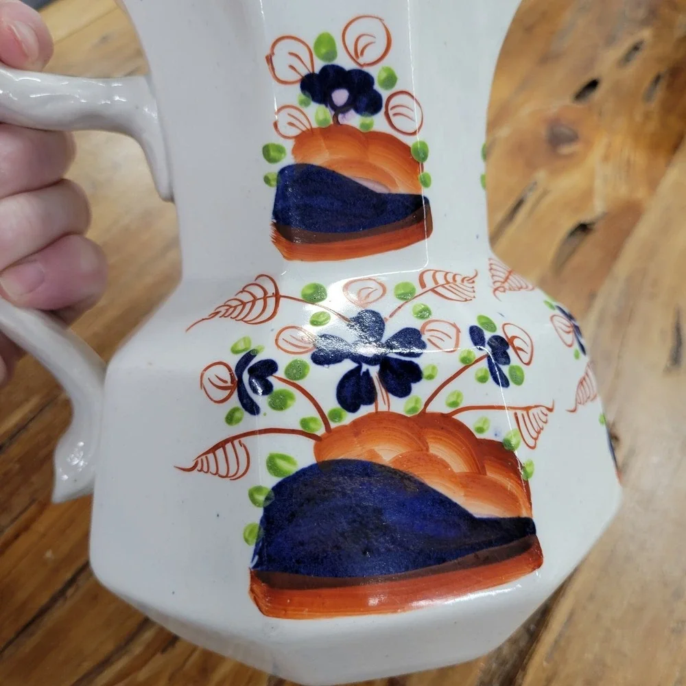 Antique Pitcher Jug Octagon Shape Cobalt Blue Orange Green Ceramic Floral 8 Side
